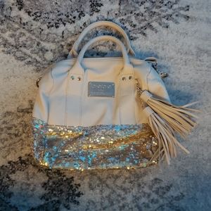 BEBE cream and gold sequin purse